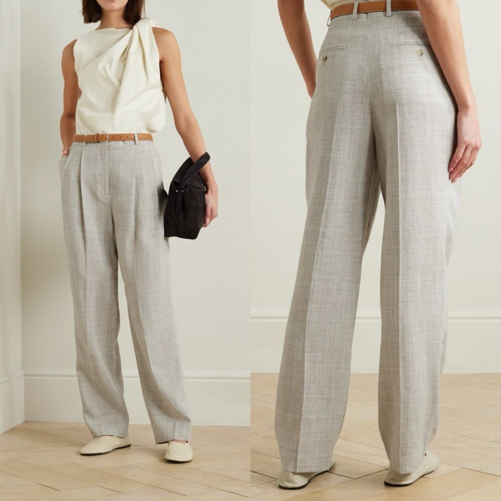 Toteme Pleated Woven Straight Leg Pants In Grey